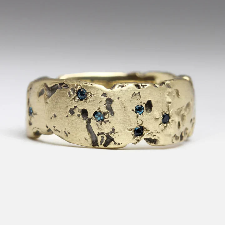 Vintage Gold Forged Ring with Blue Inlaid Crystal
