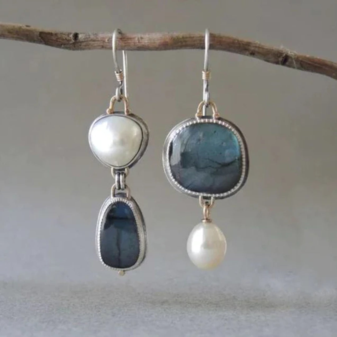 Vintage Blue Natural Stone with Pearl Earrings