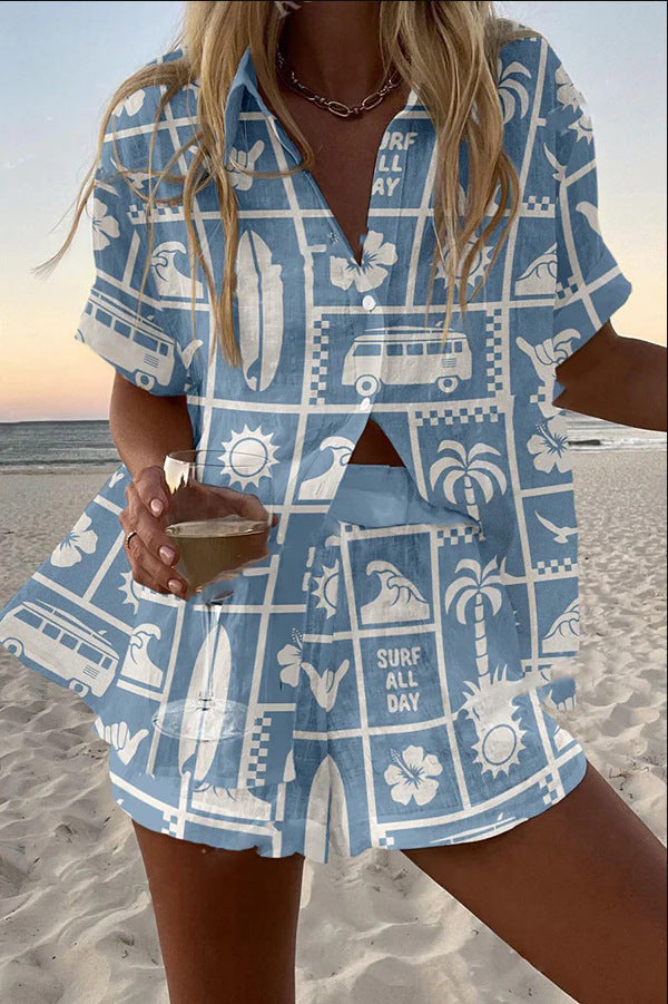 Trenara | Short Linen Suit with Caravan Print