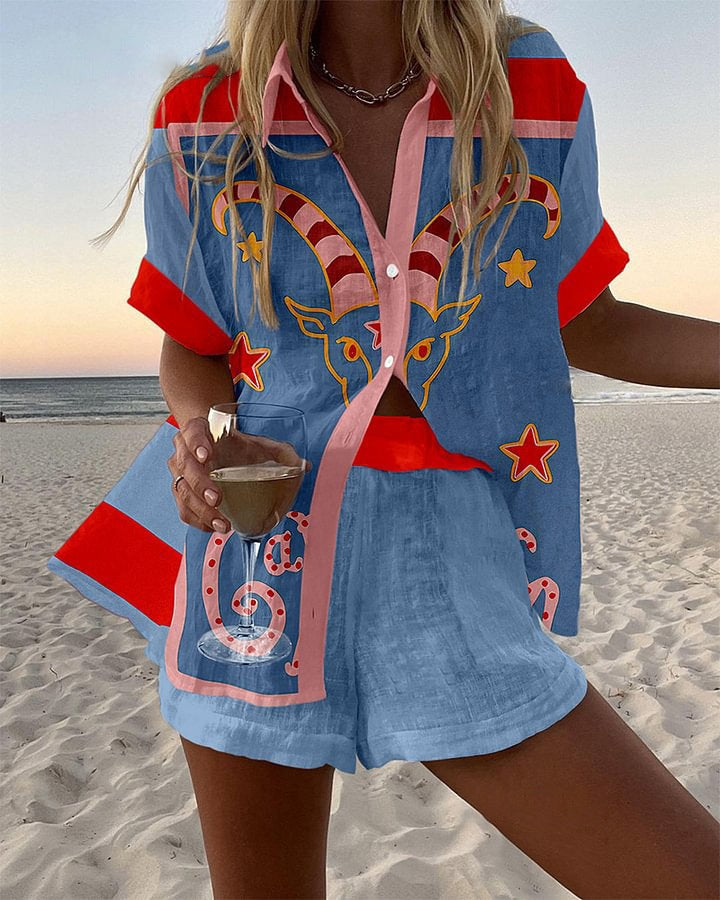 Jorelle | Short Complete Linen Outfit with Goat Print