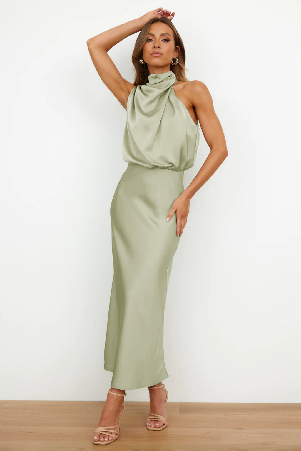 Valeria | Long satin slip dress with halter neck