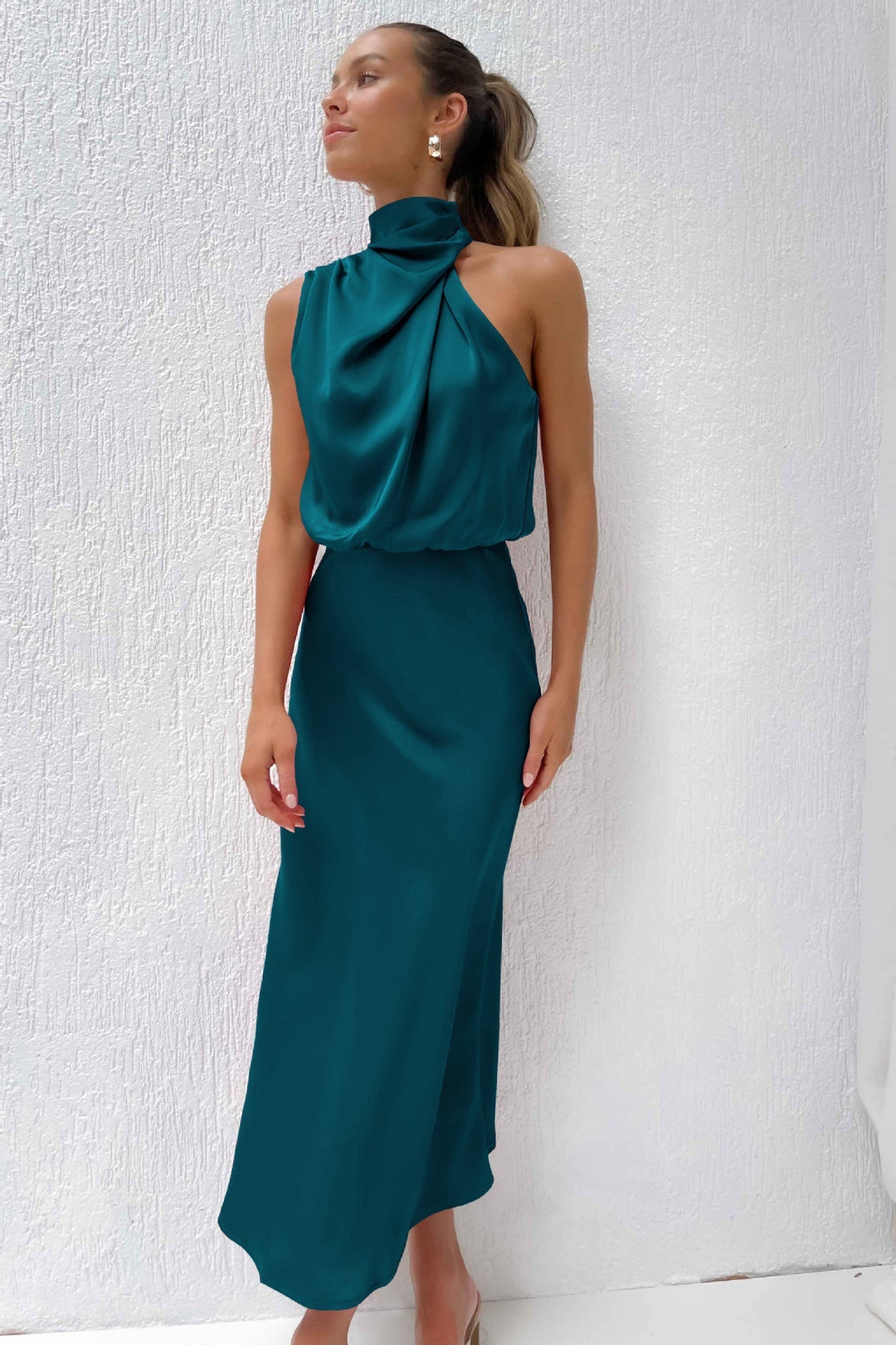 Valeria | Long satin slip dress with halter neck