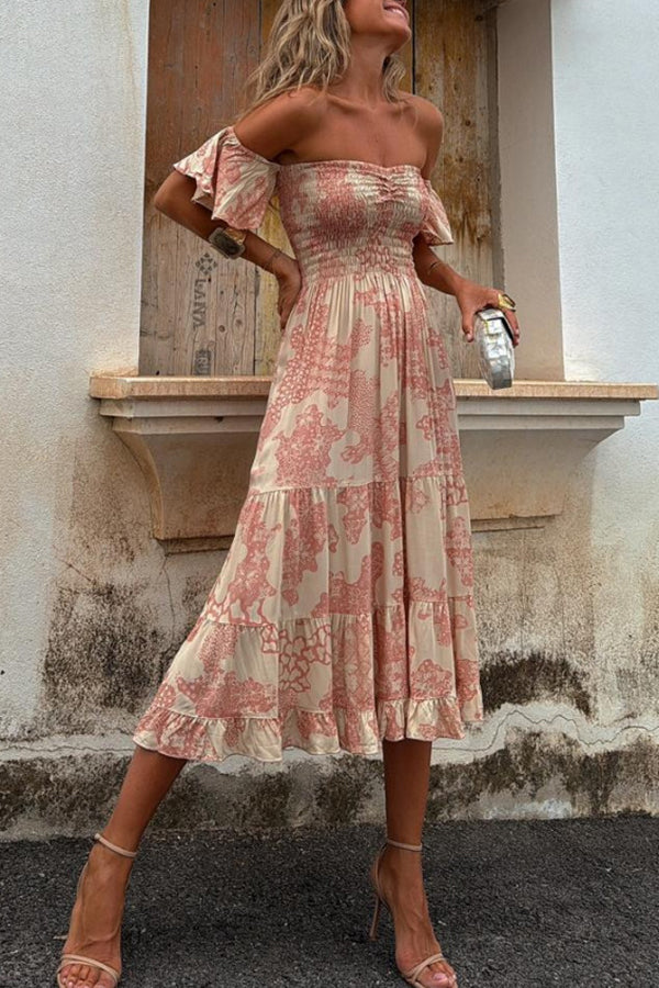 Midi Dress with Off-the-Shoulder Design and Romantic Print – Pitaya