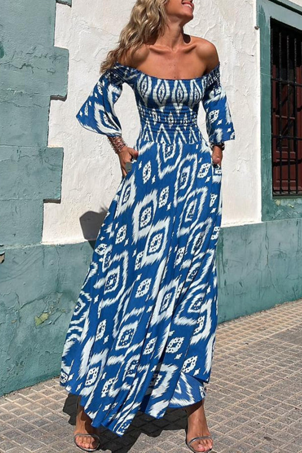 Long Dress with Ethnic Print and Open Shoulders – Ready for Vacation