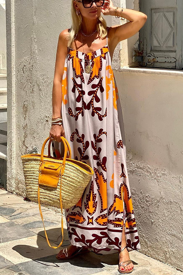Long Dress with Shoulder Straps and Ethnic Print – Summer Color Palette
