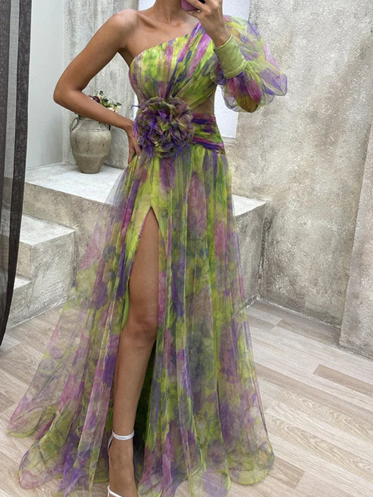 Rosea Asymmetric Bloom Maxi Dress