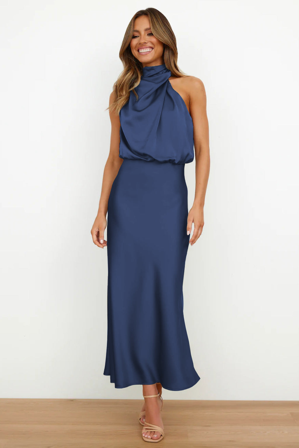 Valeria | Long satin slip dress with halter neck