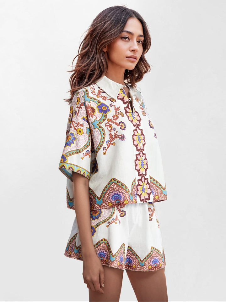 Complete Two-Piece Boho Floral Set – Shirt and Coordinated Shorts