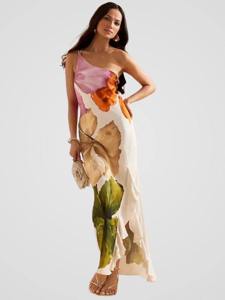 Florélia Asymmetric Satin Maxi Dress