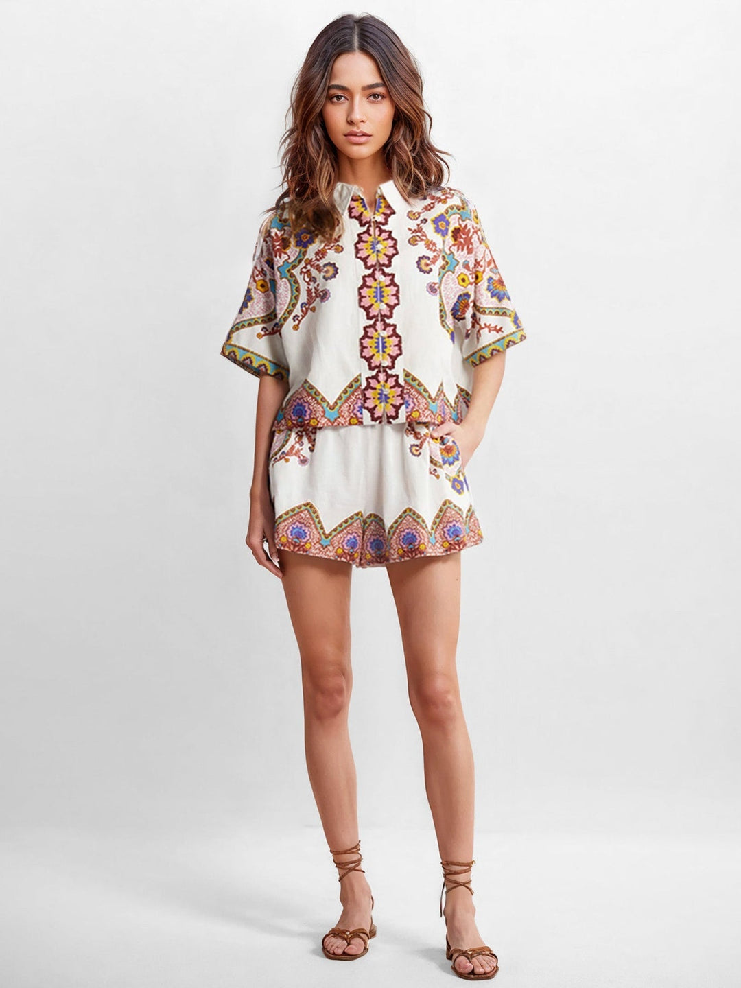 Complete Two-Piece Boho Floral Set – Shirt and Coordinated Shorts