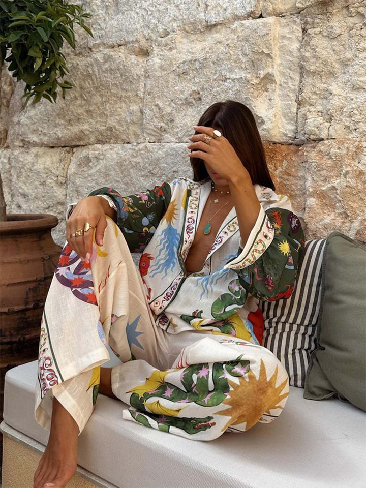 Complete Set of Two Tropical Print Pieces – Shirt and Coordinated Pants