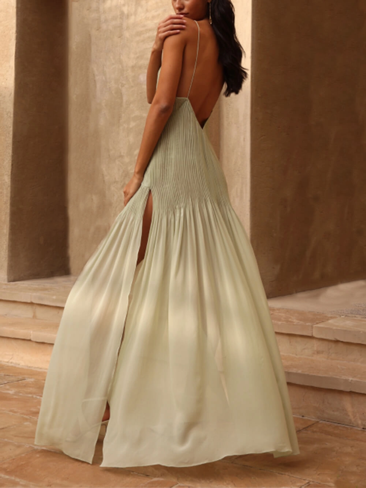 Long pleated dress with patchwork detail and back slit