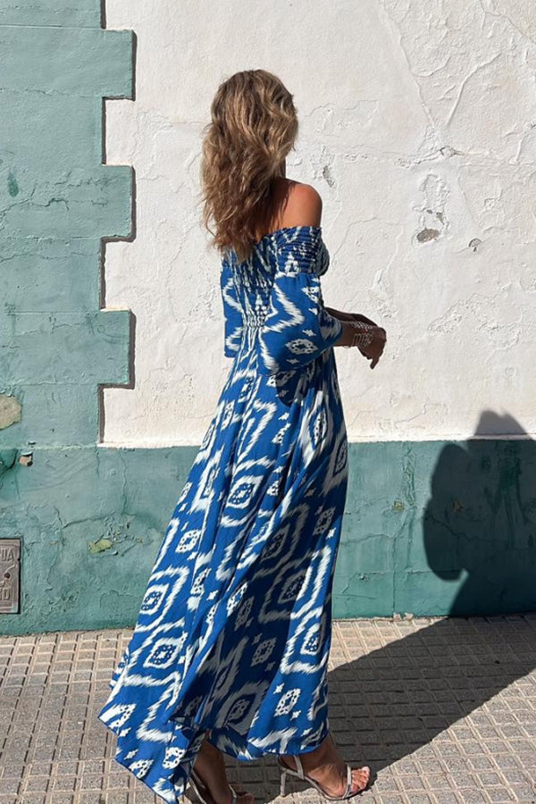 Long Dress with Ethnic Print and Open Shoulders – Ready for Vacation