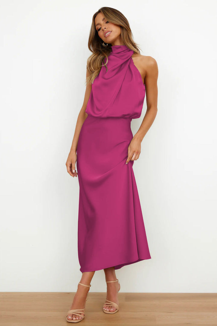 Valeria | Long satin slip dress with halter neck