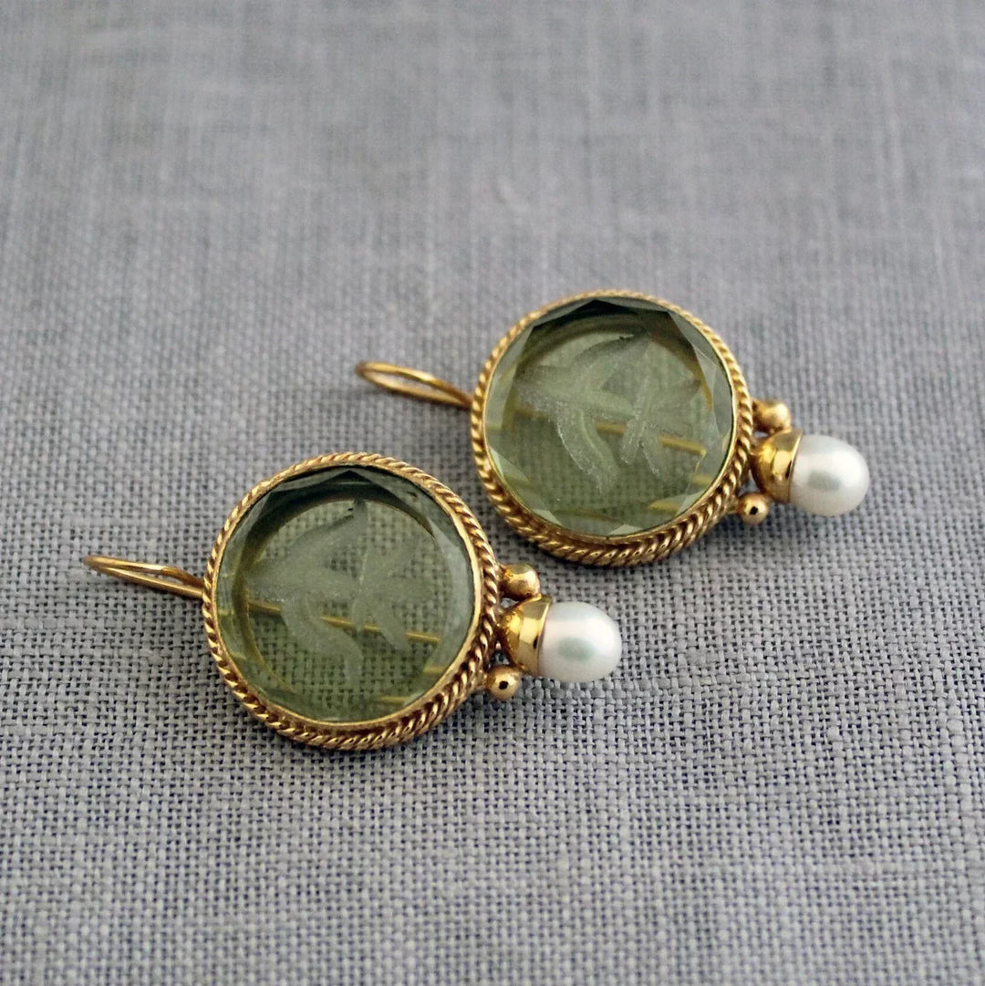Penelope Vintage Earrings with Green Stones and Pearl