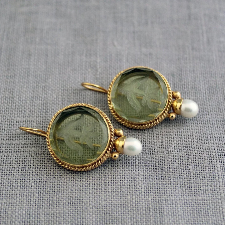 Penelope Vintage Earrings with Green Stones and Pearl