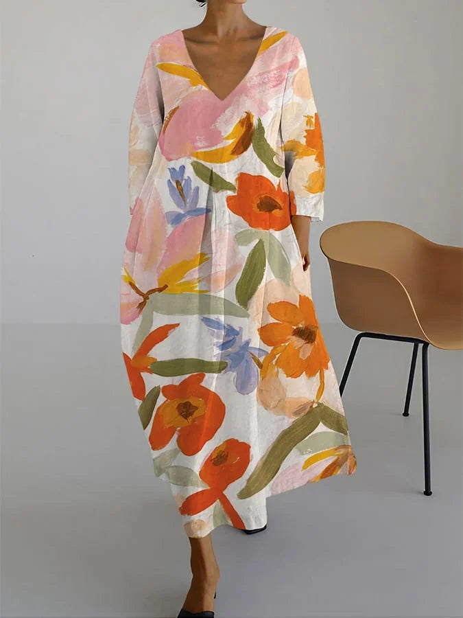 ISLA  - Summer V-Neck Dress with Floral Pattern