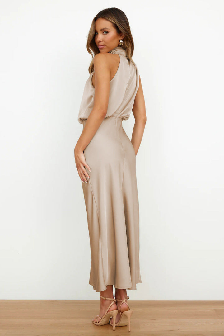 Valeria | Long satin slip dress with halter neck