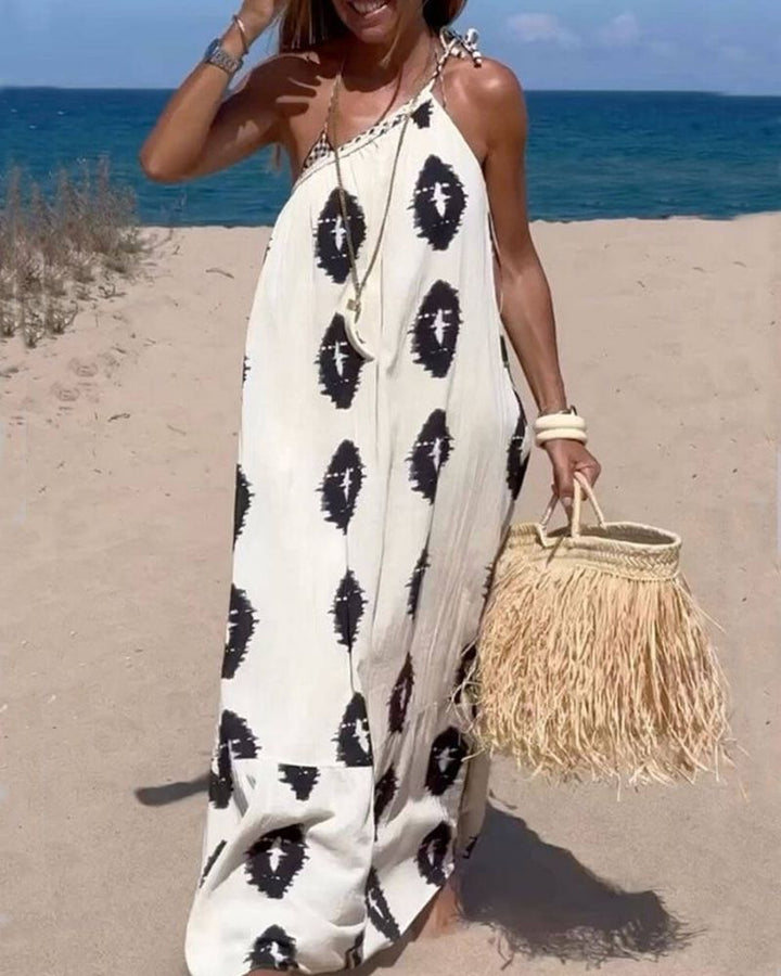 Long One-Shoulder Patterned Dress – Ethno-Chic Style