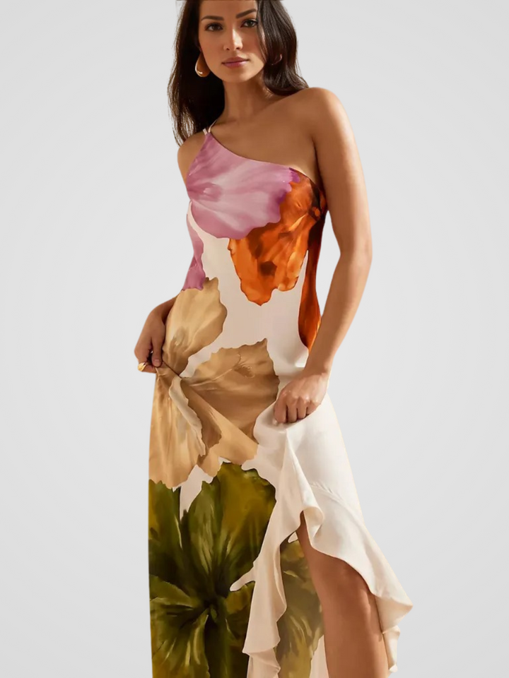 Florélia Asymmetric Satin Maxi Dress