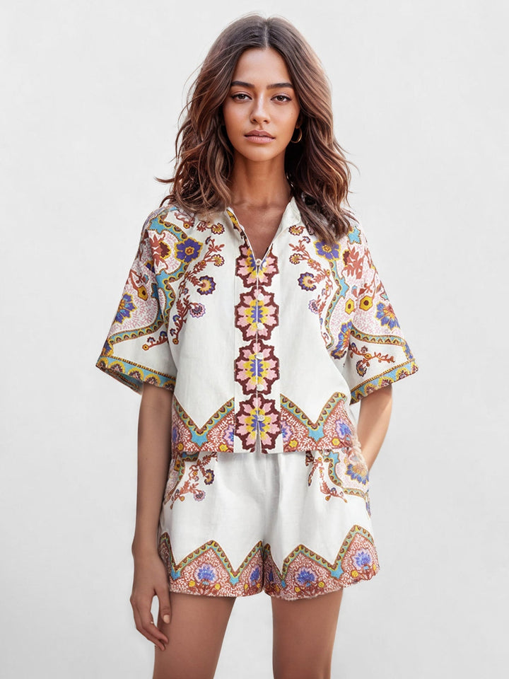 Complete Two-Piece Boho Floral Set – Shirt and Coordinated Shorts