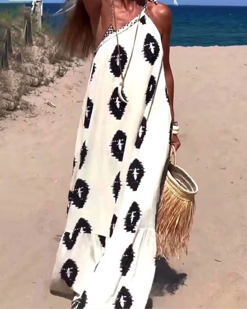 Long One-Shoulder Patterned Dress – Ethno-Chic Style