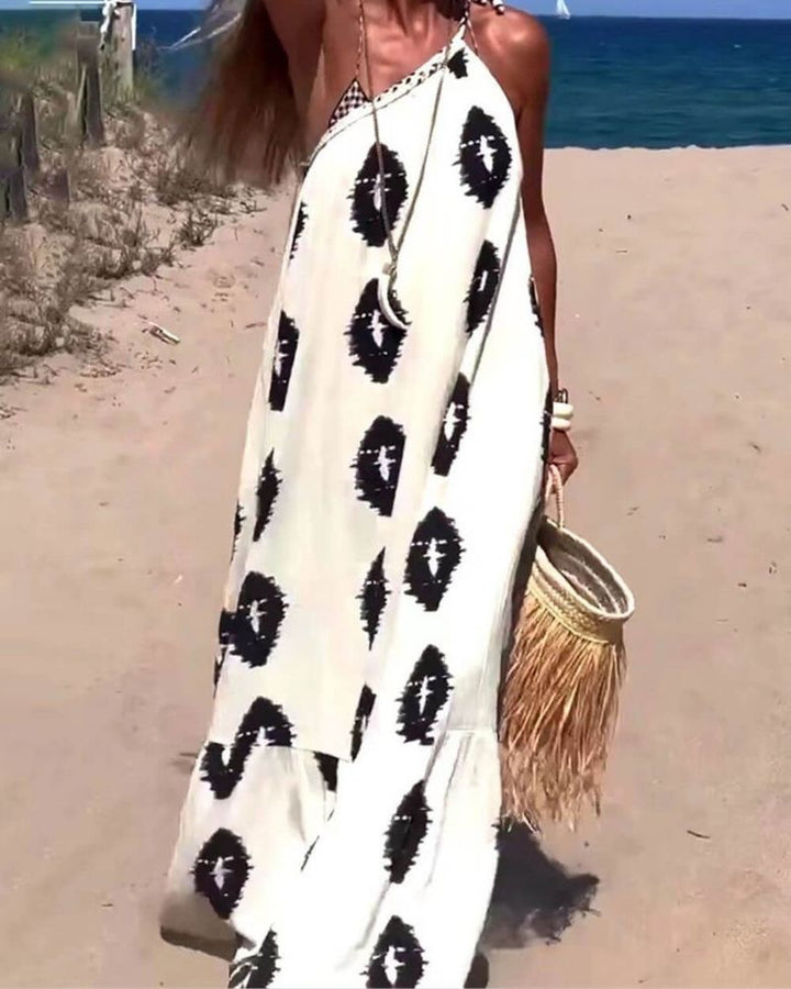 Long One-Shoulder Patterned Dress – Ethno-Chic Style