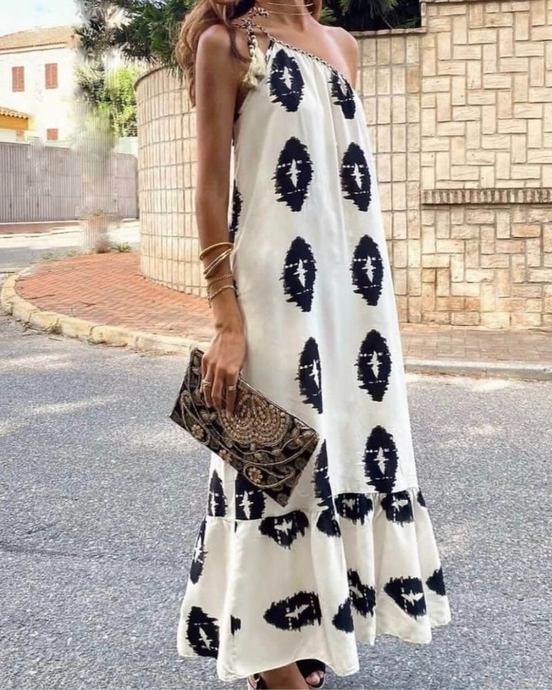 Long One-Shoulder Patterned Dress – Ethno-Chic Style