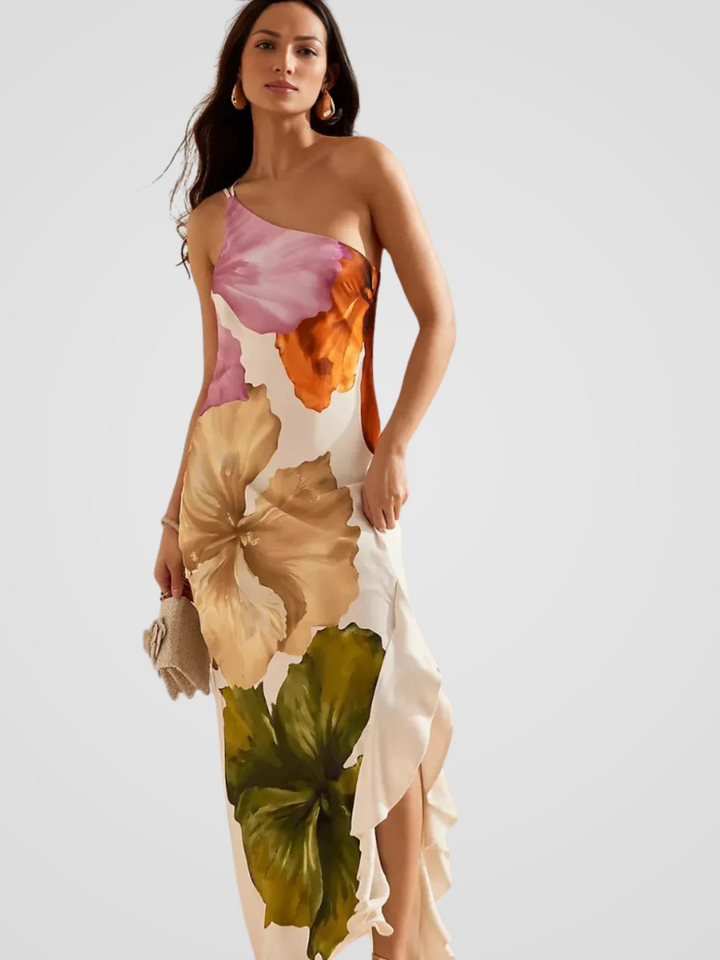 Florélia Asymmetric Satin Maxi Dress