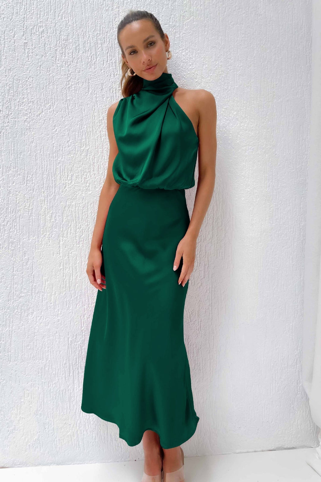 Valeria | Long satin slip dress with halter neck