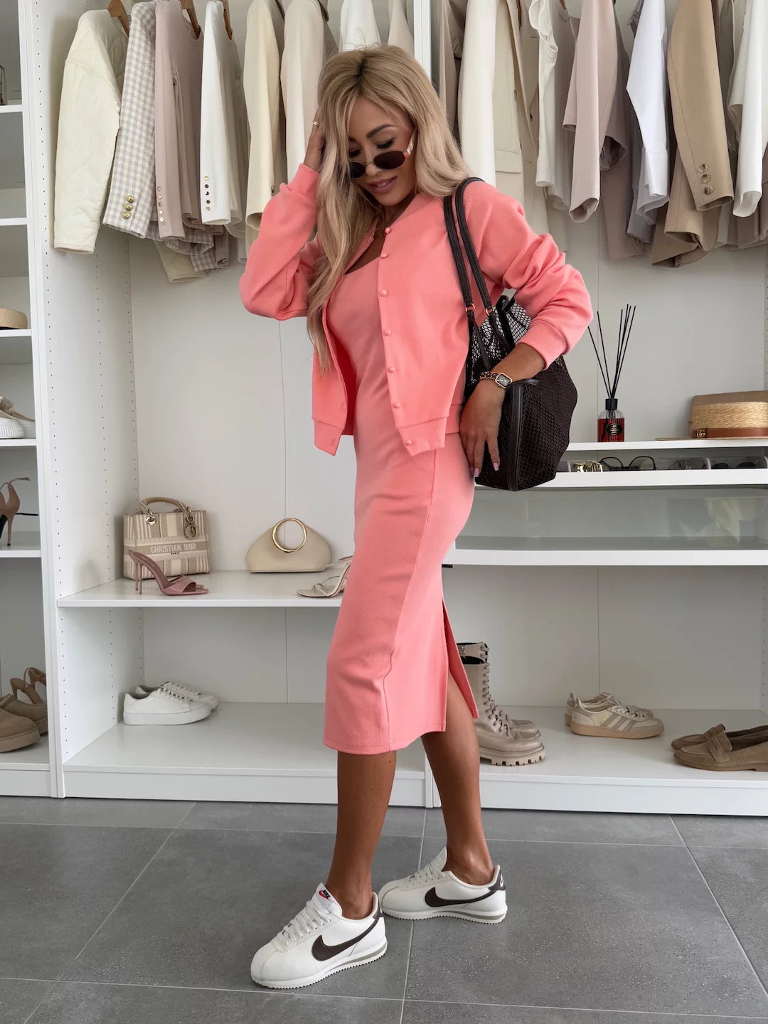 Karin   | Rib Knit Midi Dress & Bomber Jacket Set