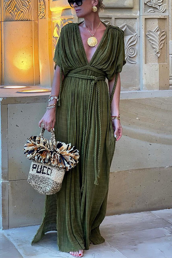 Kiara - Kimono Maxi Dress in Linen Blend in Greek Style with Braids and Slit