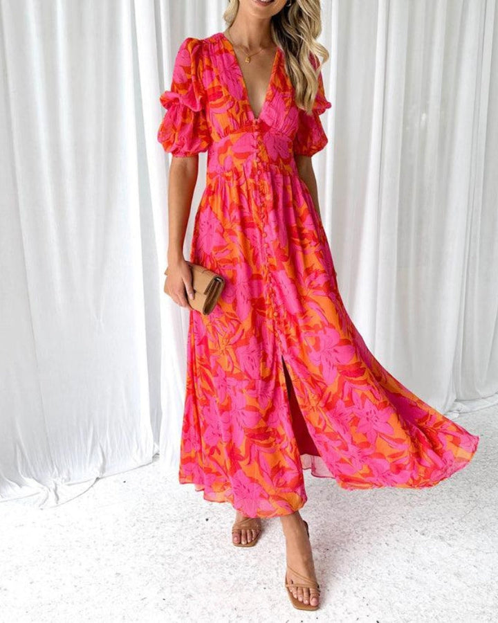 Elegant Rose Maxi Dress with Puff Sleeves and V-Neckline