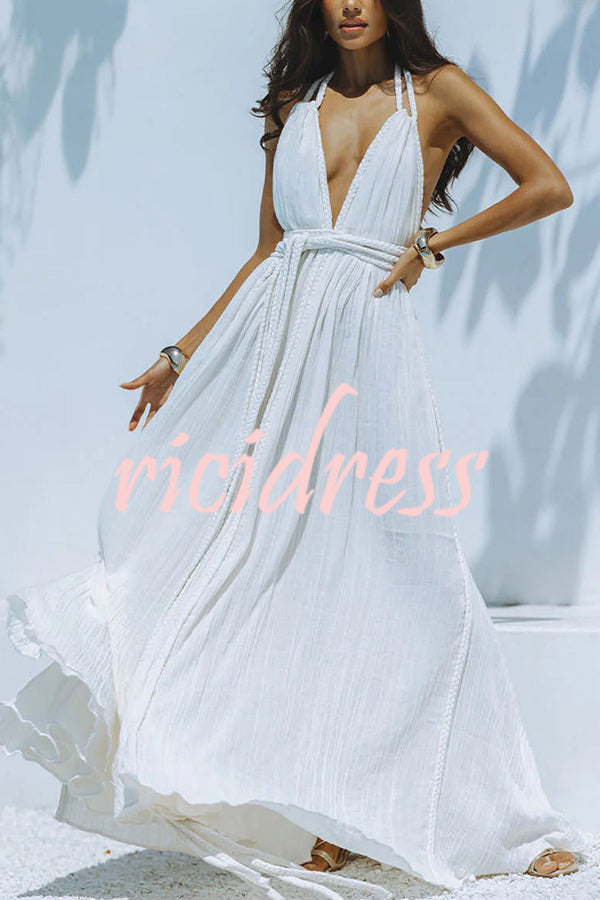 Skye – Draped Maxi Dress in Linen Blend with Deep V-Neck Neckholder and Backless Overlay
