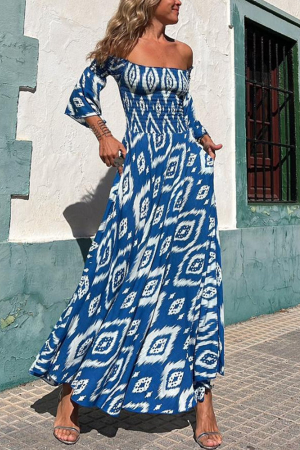 Long Dress with Ethnic Print and Open Shoulders – Ready for Vacation