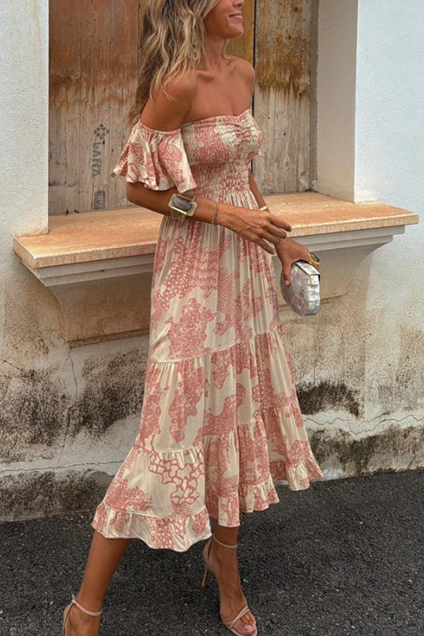 Midi Dress with Off-the-Shoulder Design and Romantic Print – Pitaya