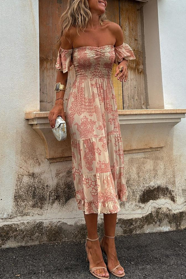 Midi Dress with Off-the-Shoulder Design and Romantic Print – Pitaya