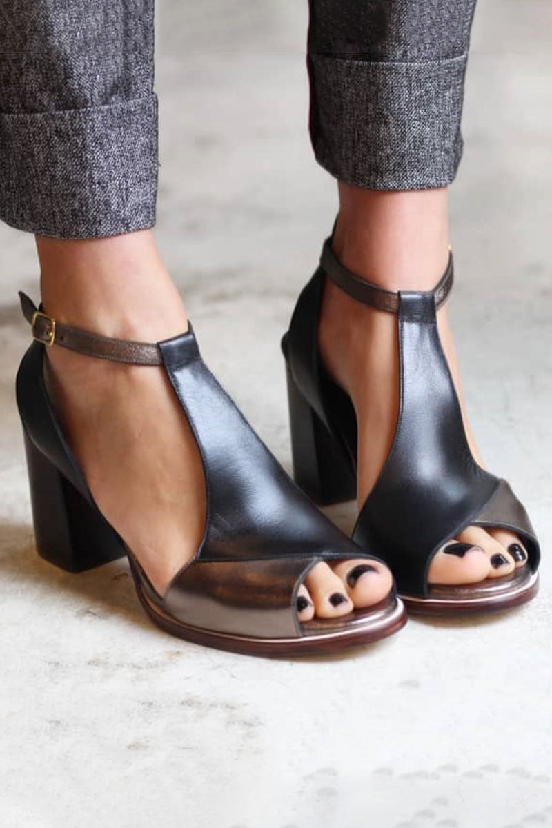 Anyao | High-heeled open-toe mules in black patchwork