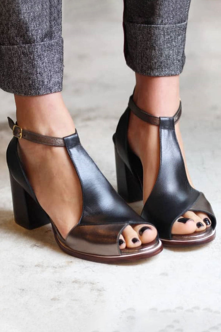 Anyao | High-heeled open-toe mules in black patchwork