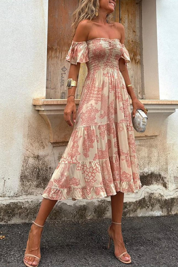 Midi Dress with Off-the-Shoulder Design and Romantic Print – Pitaya