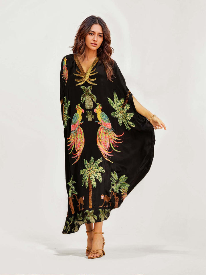 Long Black Dress with Tropical Parrot Print