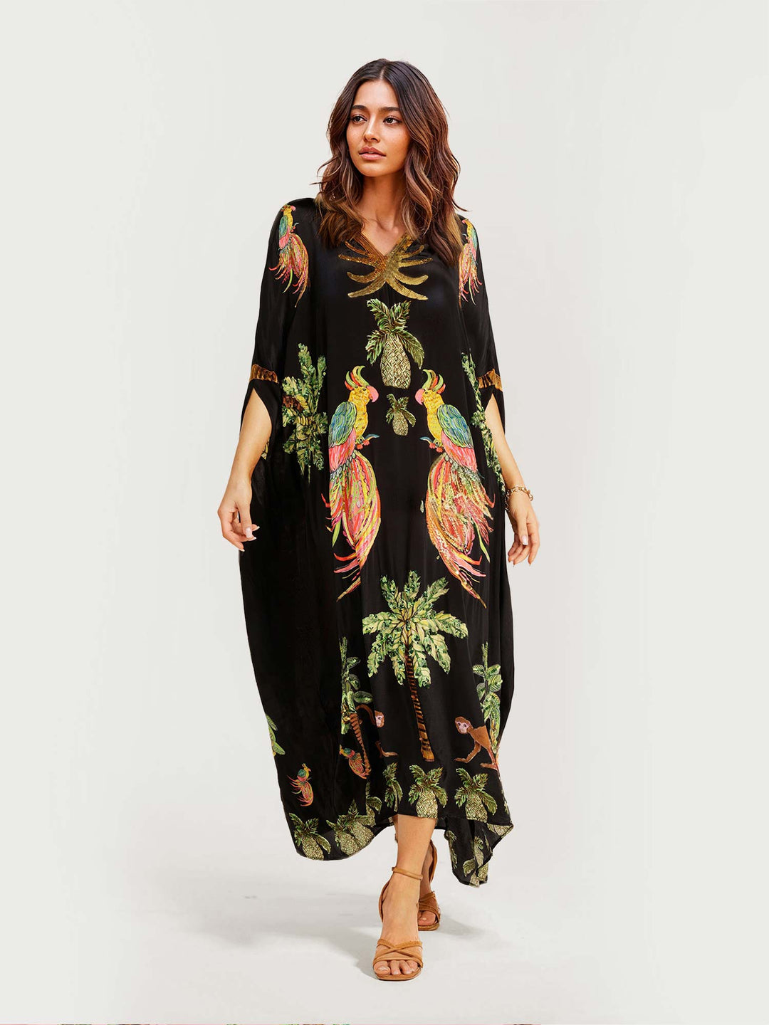 Long Black Dress with Tropical Parrot Print