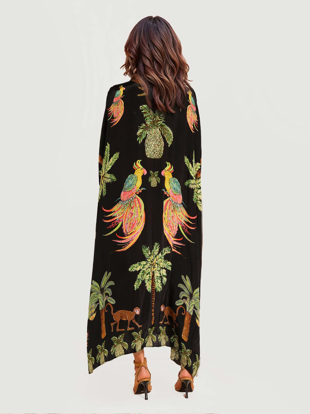 Long Black Dress with Tropical Parrot Print