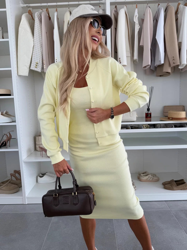 Karin   | Rib Knit Midi Dress & Bomber Jacket Set