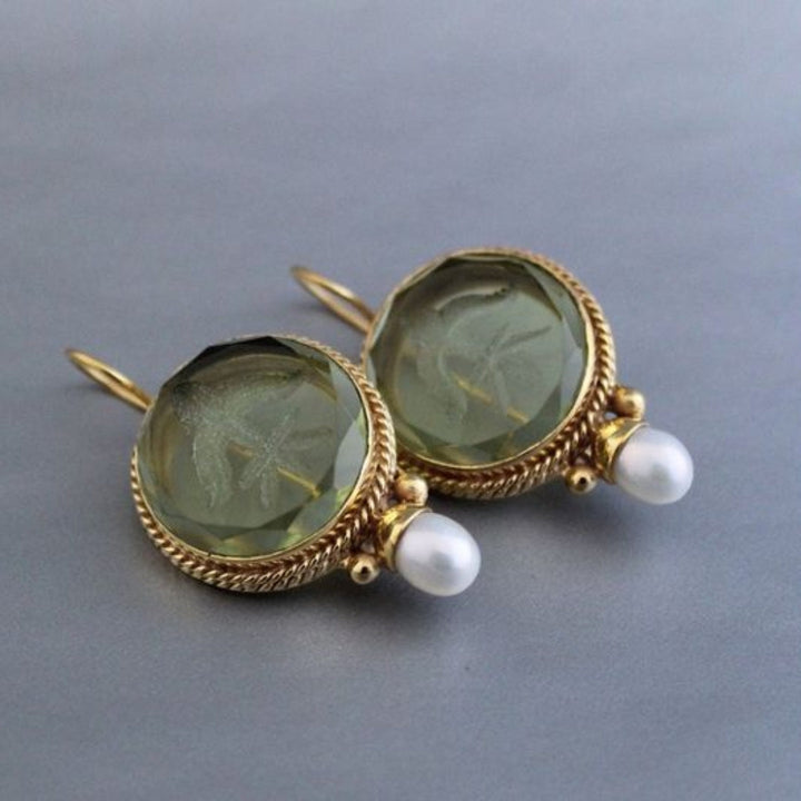 Penelope Vintage Earrings with Green Stones and Pearl