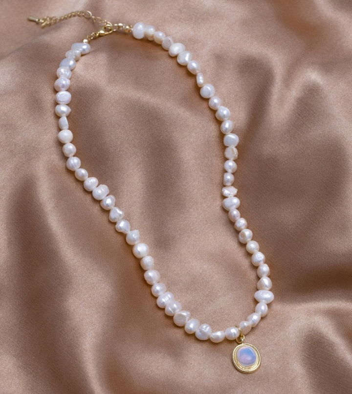 Gold Pearl Necklace with Moonstone