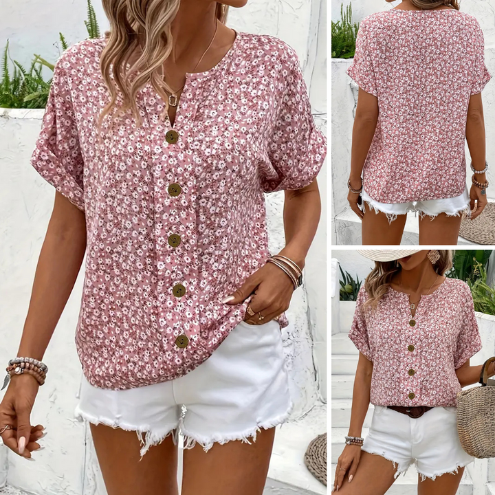 Cindy   | Floral Print Notched Colour Blouse