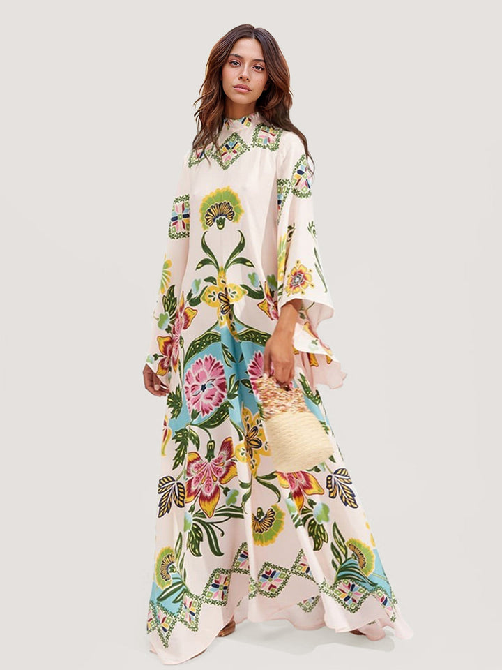 Boho Long Dress with Flowers and Long Sleeves