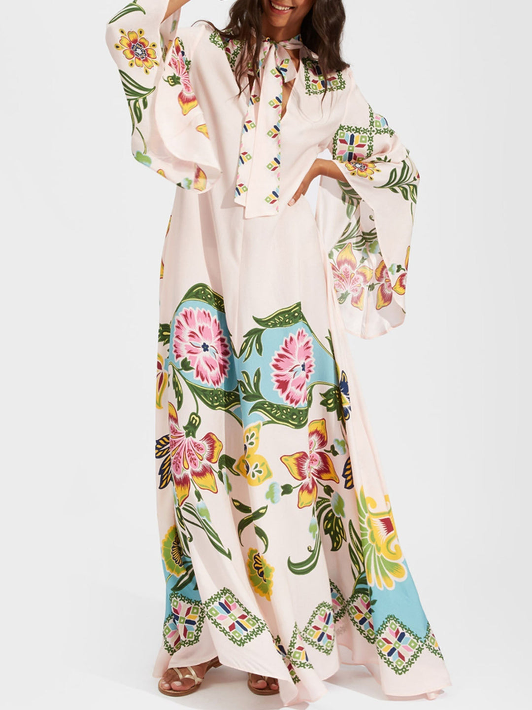 Boho Long Dress with Flowers and Long Sleeves