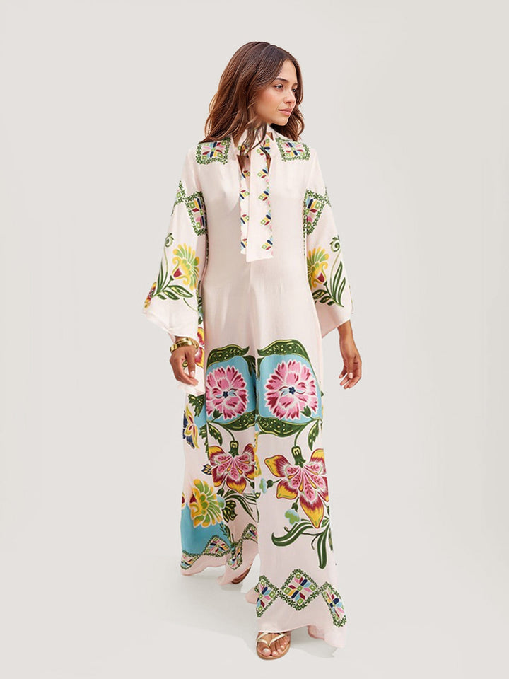 Boho Long Dress with Flowers and Long Sleeves